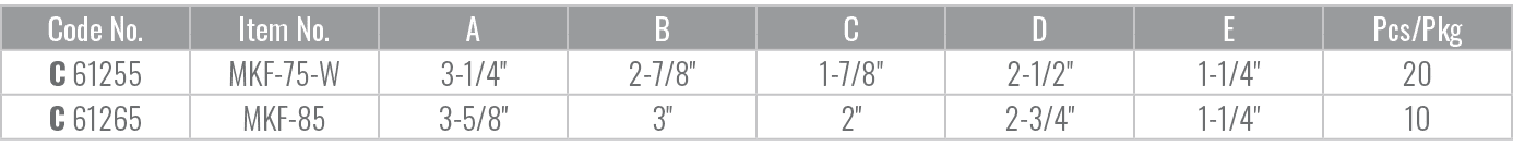 Code No.,Item No.,A,B,C,D,E,Pcs/Pkg,C 61255,MKF 75 W,3 1/4\“,2 7/8\",1 7/8\",2 1/2\",1 1/4\",20,C 61265,MKF 85,3 5/8\...