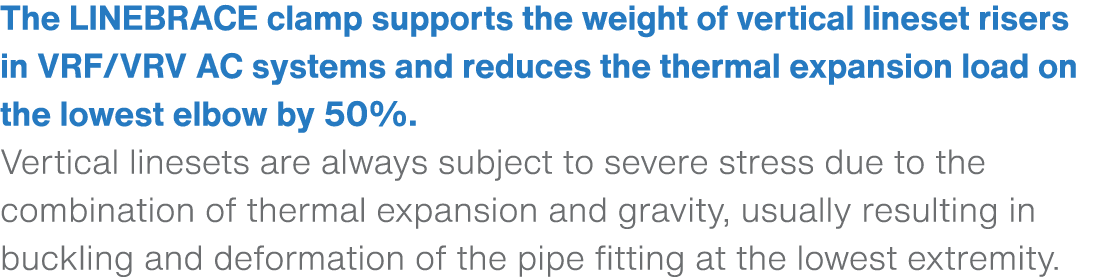 The LINEBRACE clamp supports the weight of vertical lineset risers in VRF/VRV AC systems and reduces the thermal expa...