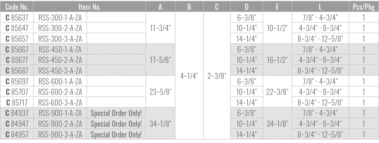 Code No.,Item No.,A,B,C,D,E,L,Pcs/Pkg,C 85637,RSS 300 1 A ZA,,11–3/4\“,4–1/4\",2–3/8\",6–3/8\",10–1/2\",7/8\" 4–3/4\"...